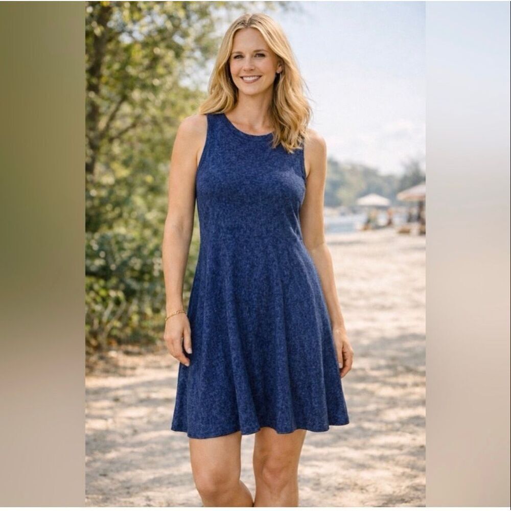 Athleta Santorini Printed Swing Dress Blue Sleeveless Modal Blend Size Medium
